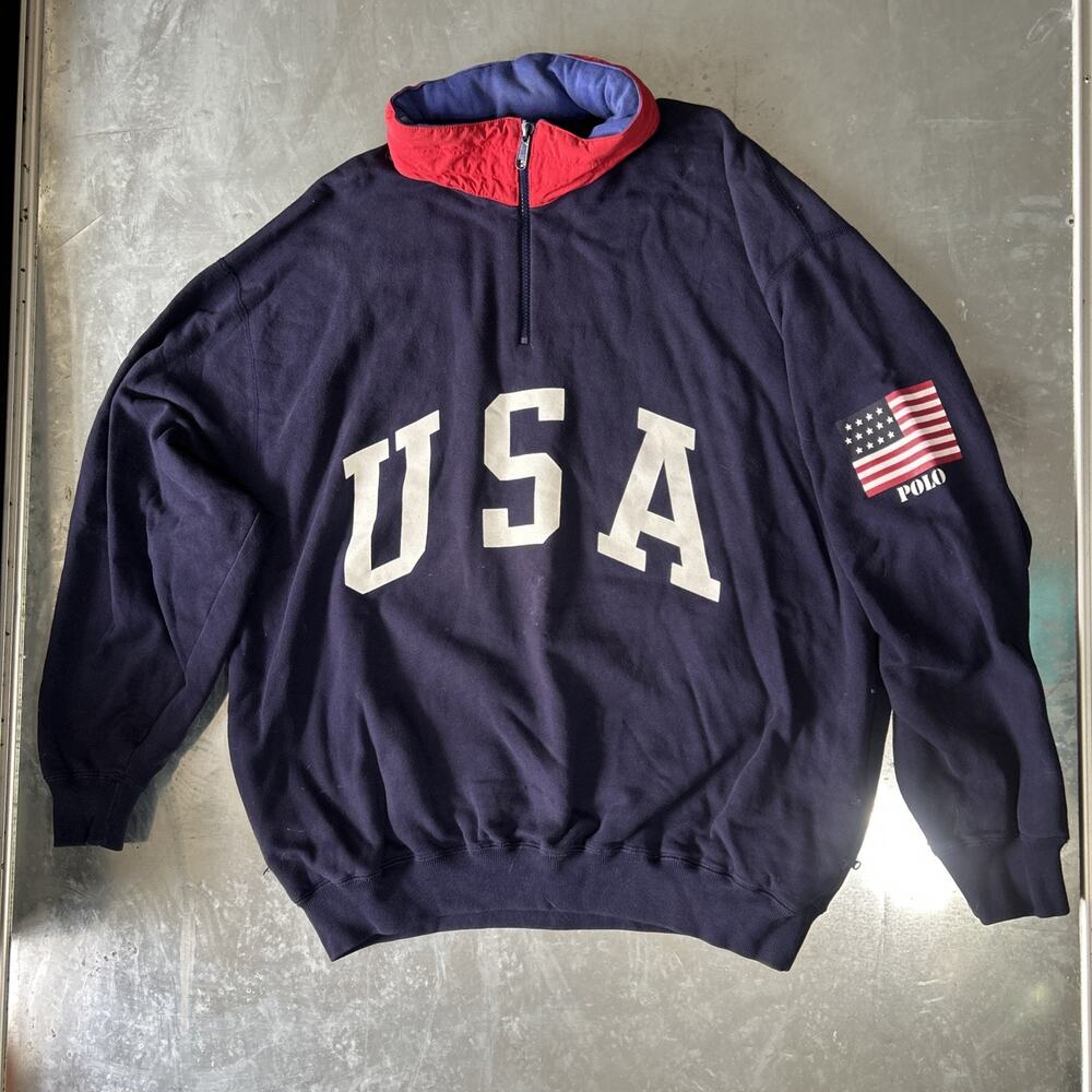 Vtg 90s Polo Ralph Lauren Mens Large USA Flag Superman Fleece Sweatshirt 1/4 zip